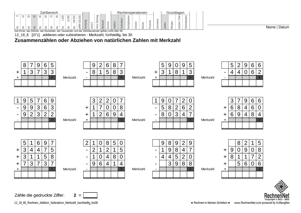 12_18_6 Rechnen Addition Subtraktion Merkzahl fünfstellig bis30