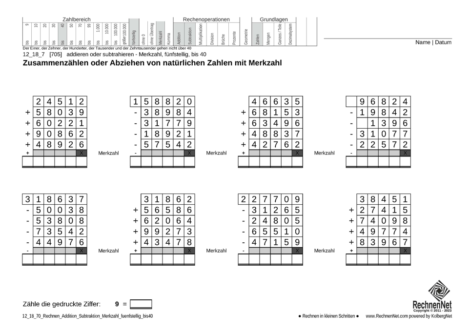 12_18_7 Rechnen Addition Subtraktion Merkzahl fünfstellig bis40