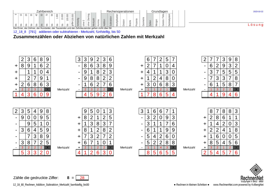 Lösung: 12_18_8 Rechnen Addition Subtraktion Merkzahl fünfstellig bis50
