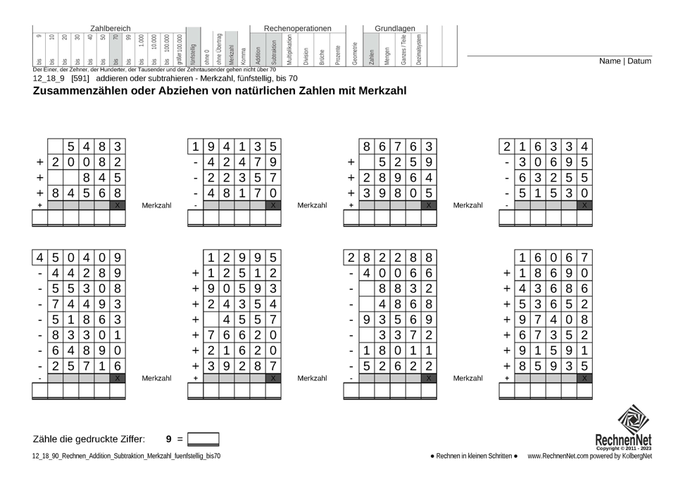 12_18_9 Rechnen Addition Subtraktion Merkzahl fünfstellig bis70