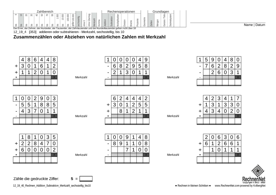 12_19_4 Rechnen Addition Subtraktion Merkzahl sechsstellig bis10