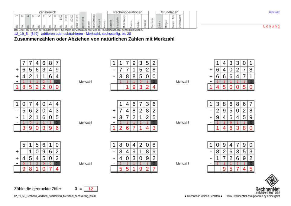 Lösung: 12_19_5 Rechnen Addition Subtraktion Merkzahl sechsstellig bis20