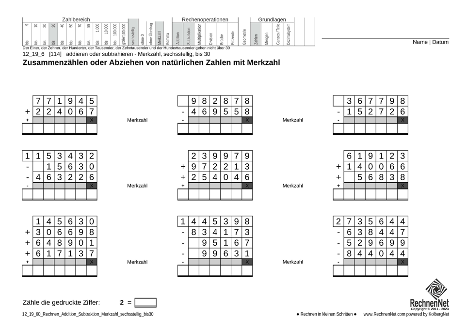 12_19_6 Rechnen Addition Subtraktion Merkzahl sechsstellig bis30