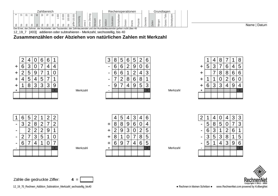 12_19_7 Rechnen Addition Subtraktion Merkzahl sechsstellig bis40