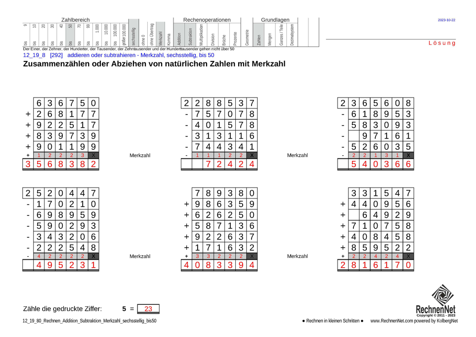 Lösung: 12_19_8 Rechnen Addition Subtraktion Merkzahl sechsstellig bis50