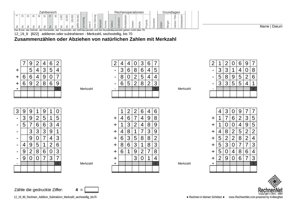 12_19_9 Rechnen Addition Subtraktion Merkzahl sechsstellig bis70