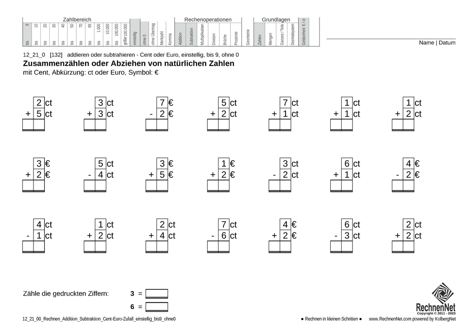 12_21_0 Rechnen Addition Subtraktion Cent-Euro einstellig bis9 ohne0