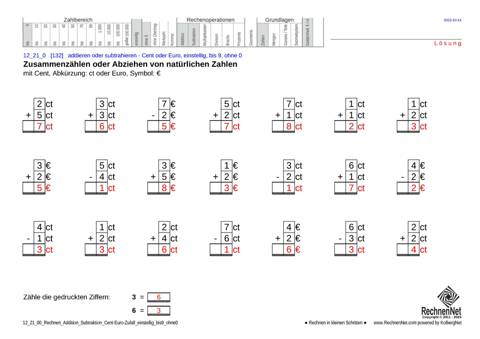 Lösung: 12_21_0 Rechnen Addition Subtraktion Cent-Euro einstellig bis9 ohne0
