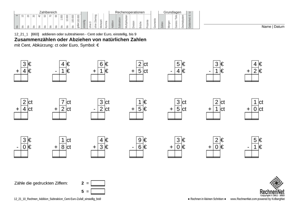 12_21_1 Rechnen Addition Subtraktion Cent-Euro einstellig bis9