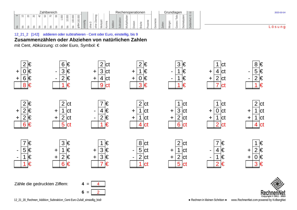 Lösung: 12_21_2 Rechnen Addition Subtraktion Cent-Euro einstellig bis9
