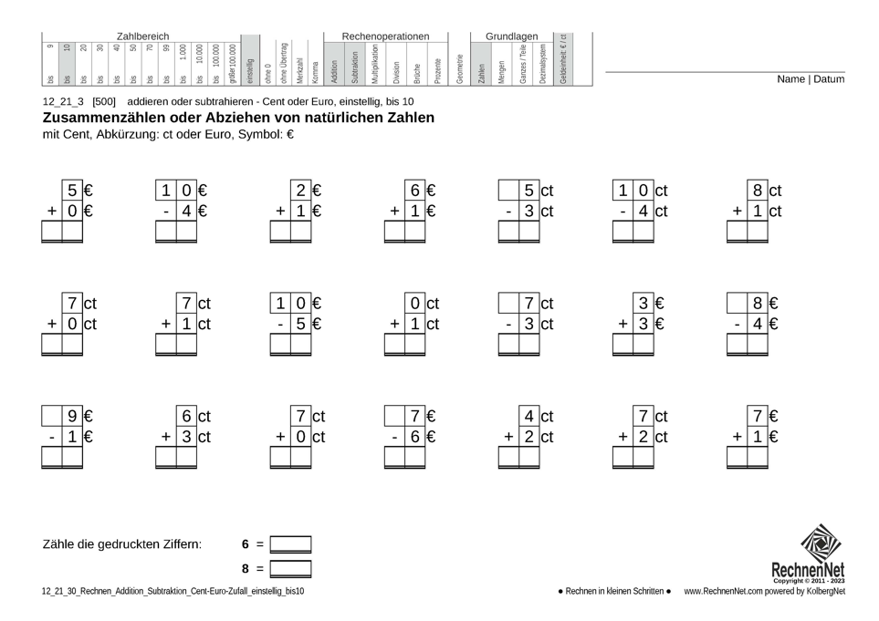 12_21_3 Rechnen Addition Subtraktion Cent-Euro einstellig bis10