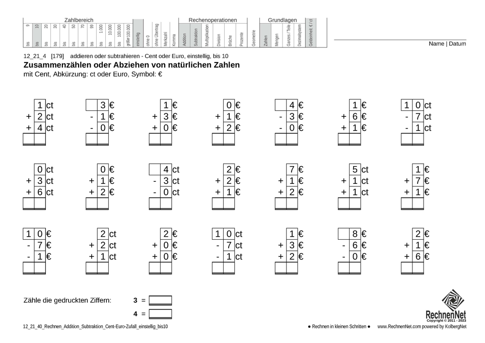 12_21_4 Rechnen Addition Subtraktion Cent-Euro einstellig bis10