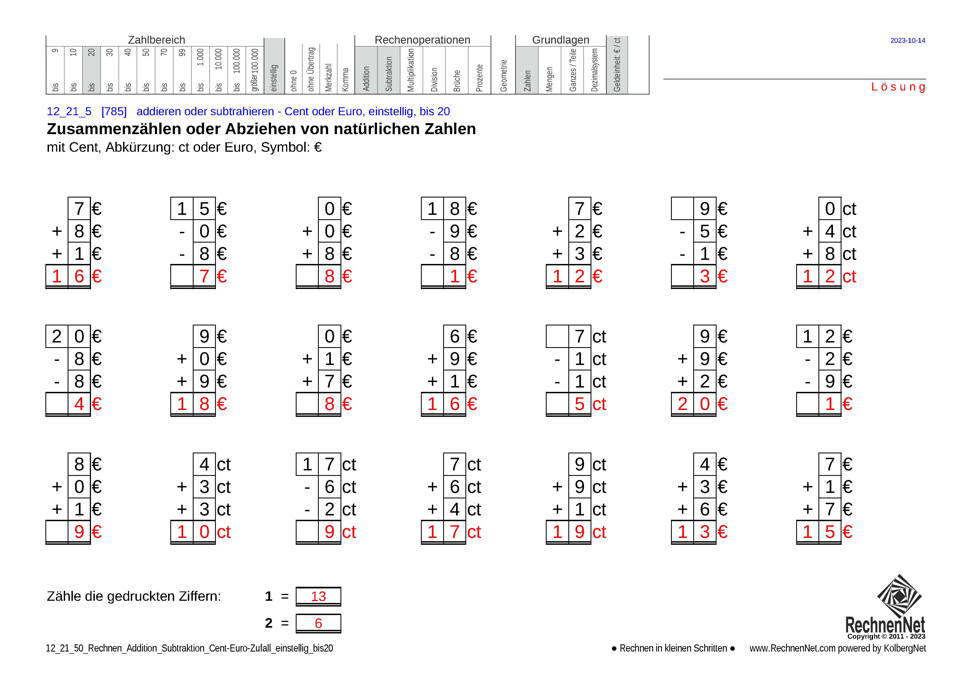 Lösung: 12_21_5 Rechnen Addition Subtraktion Cent-Euro einstellig bis20