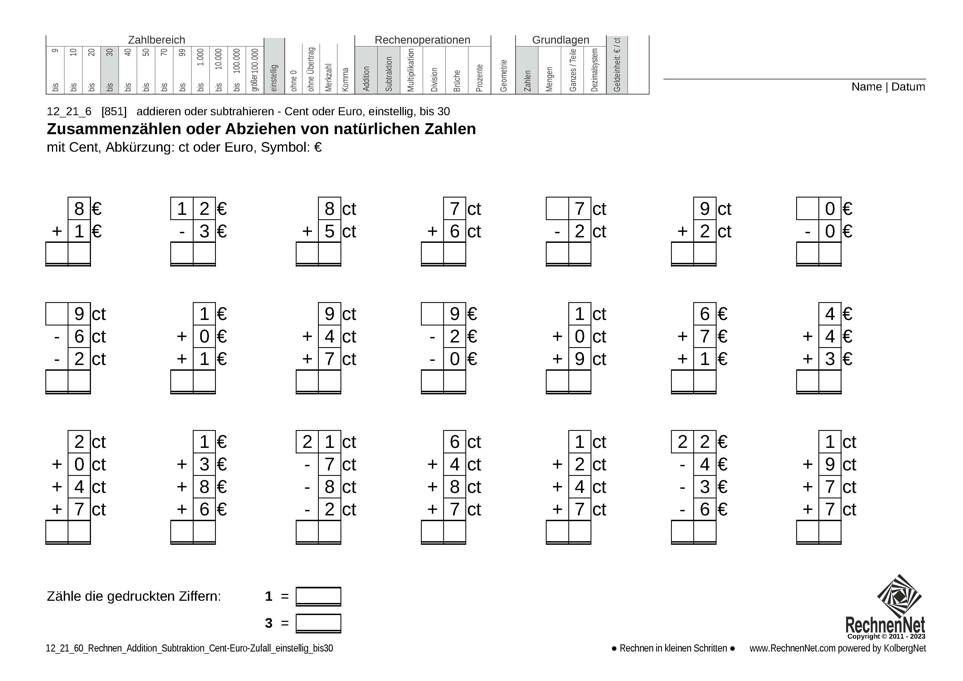 12_21_6 Rechnen Addition Subtraktion Cent-Euro einstellig bis30