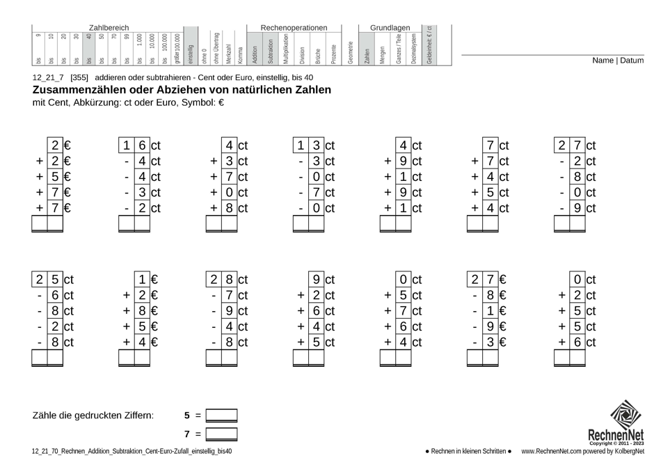12_21_7 Rechnen Addition Subtraktion Cent-Euro einstellig bis40