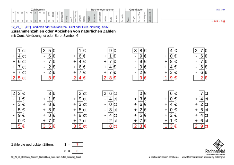 Lösung: 12_21_8 Rechnen Addition Subtraktion Cent-Euro einstellig bis50