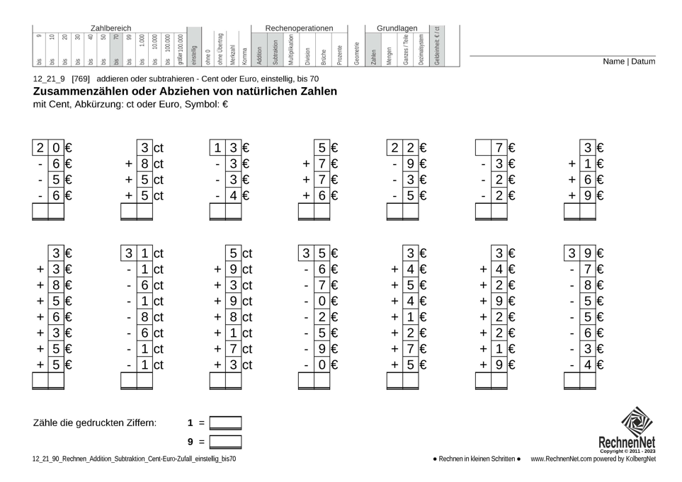12_21_9 Rechnen Addition Subtraktion Cent-Euro einstellig bis70