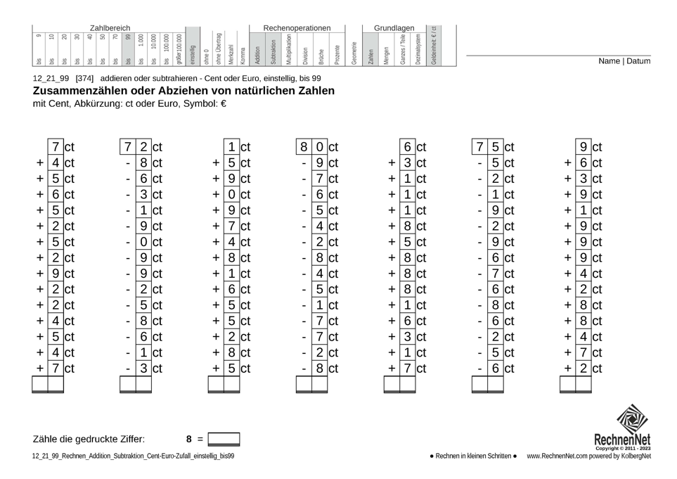 12_21_9 Rechnen Addition Subtraktion Cent-Euro einstellig bis99
