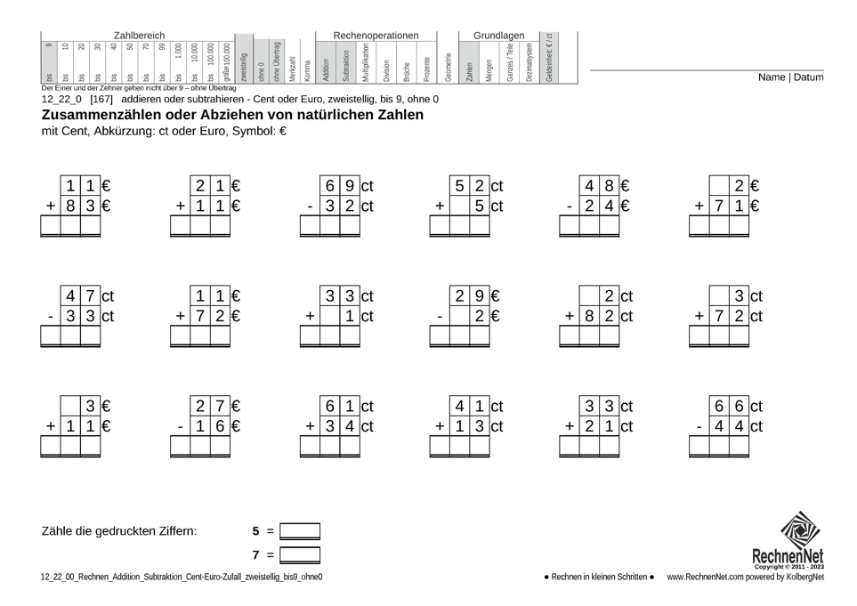 12_22_0 Rechnen Addition Subtraktion Cent-Euro zweistellig bis9 ohne0