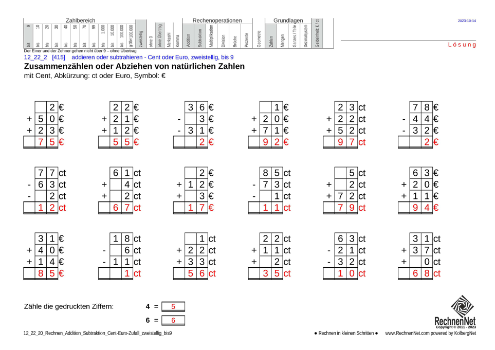 Lösung: 12_22_2 Rechnen Addition Subtraktion Cent-Euro zweistellig bis9