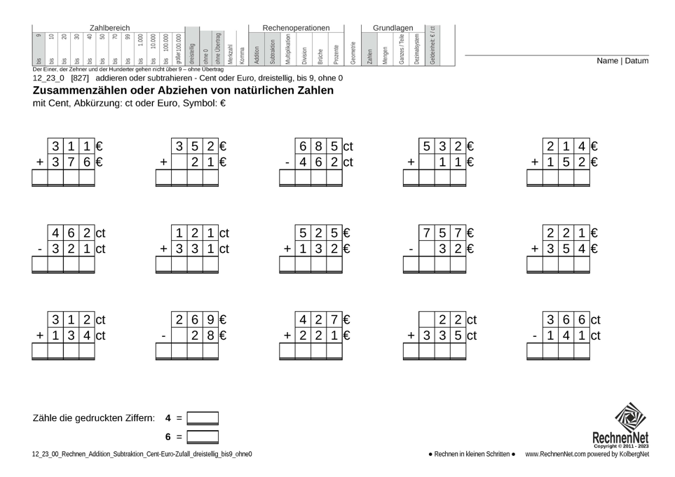 12_23_0 Rechnen Addition Subtraktion Cent-Euro dreistellig bis9 ohne0