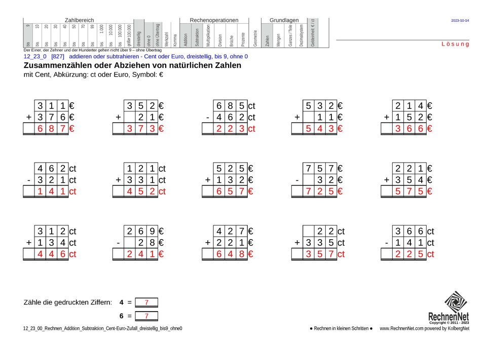 Lösung: 12_23_0 Rechnen Addition Subtraktion Cent-Euro dreistellig bis9 ohne0