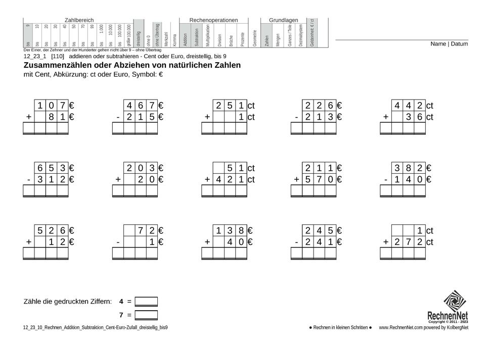 12_23_1 Rechnen Addition Subtraktion Cent-Euro dreistellig bis9