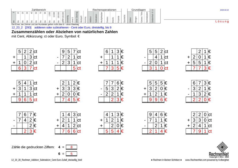 Lösung: 12_23_2 Rechnen Addition Subtraktion Cent-Euro dreistellig bis9