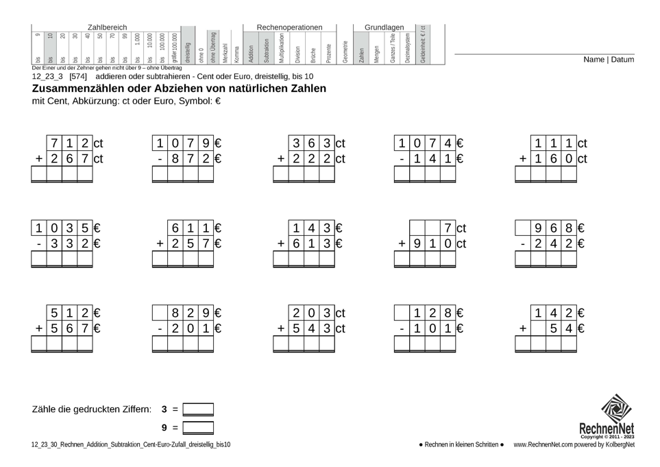 12_23_3 Rechnen Addition Subtraktion Cent-Euro dreistellig bis10