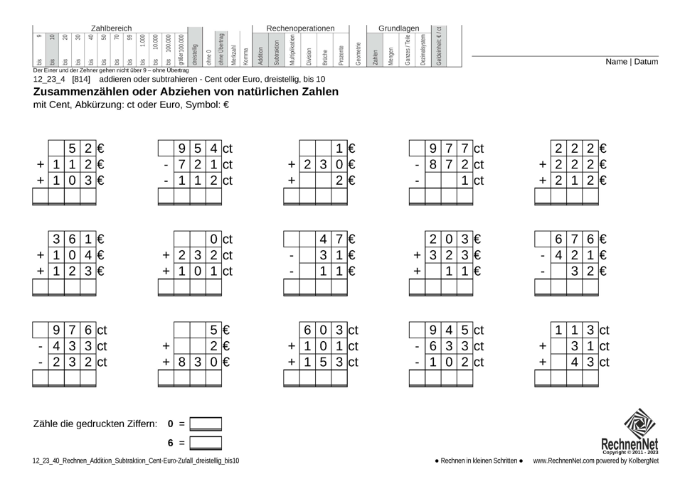 12_23_4 Rechnen Addition Subtraktion Cent-Euro dreistellig bis10