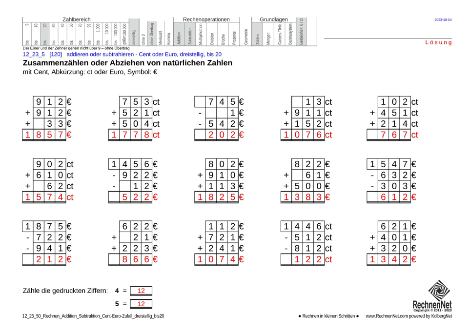 Lösung: 12_23_5 Rechnen Addition Subtraktion Cent-Euro dreistellig bis20