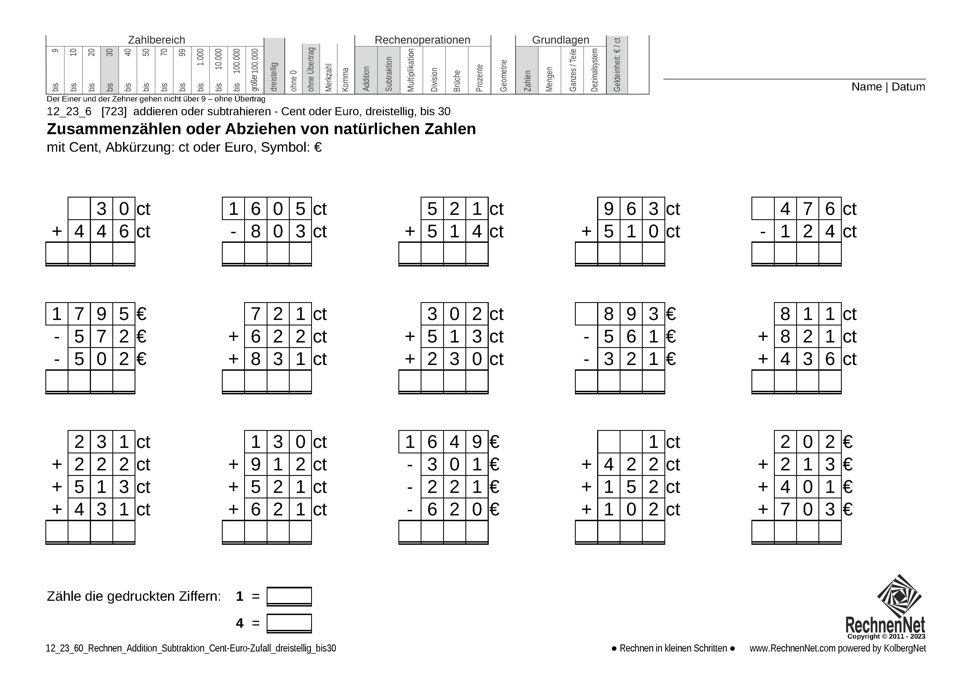 12_23_6 Rechnen Addition Subtraktion Cent-Euro dreistellig bis30
