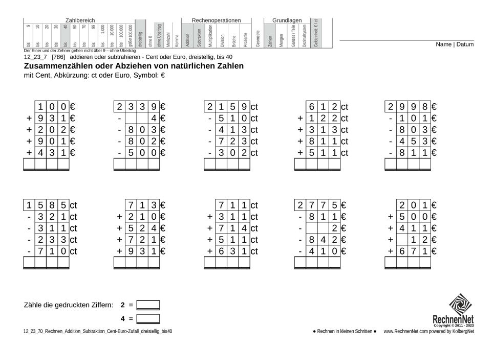12_23_7 Rechnen Addition Subtraktion Cent-Euro dreistellig bis40