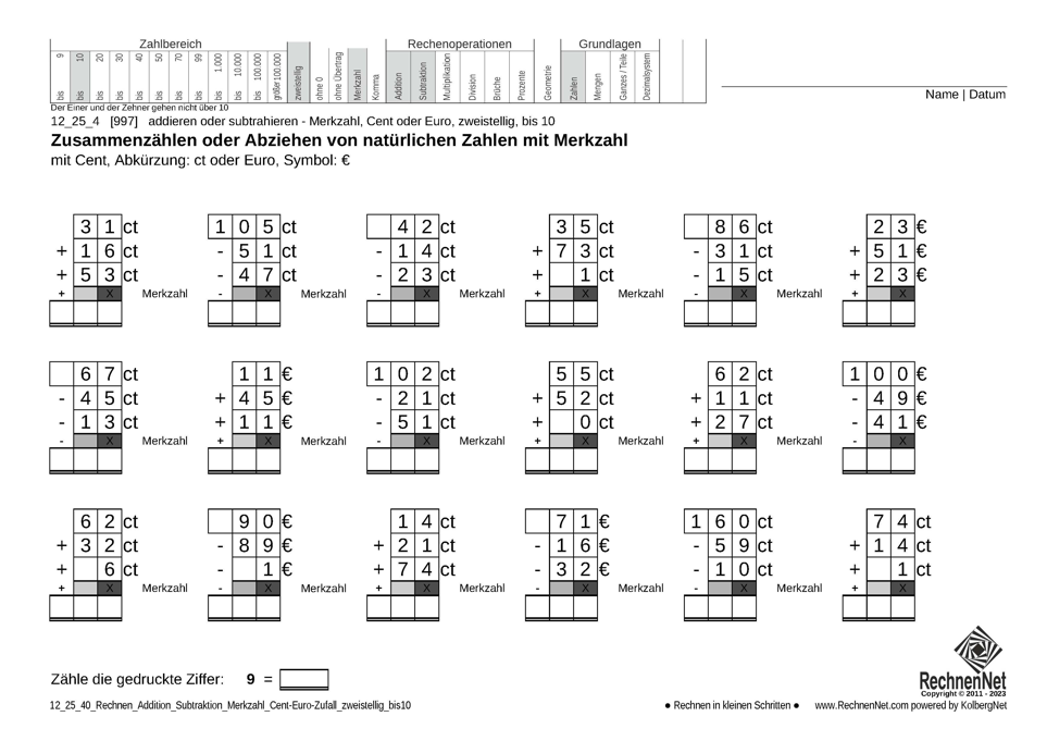 12_25_4 Rechnen Addition Subtraktion Merkzahl Cent-Euro zweistellig bis10