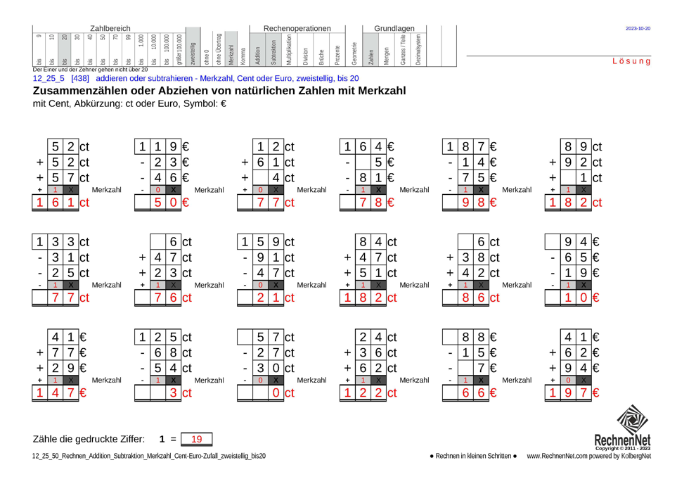 Lösung: 12_25_5 Rechnen Addition Subtraktion Merkzahl Cent-Euro zweistellig bis20