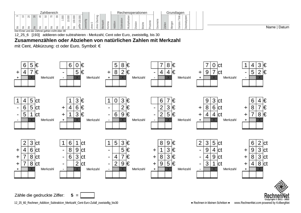 12_25_6 Rechnen Addition Subtraktion Merkzahl Cent-Euro zweistellig bis30