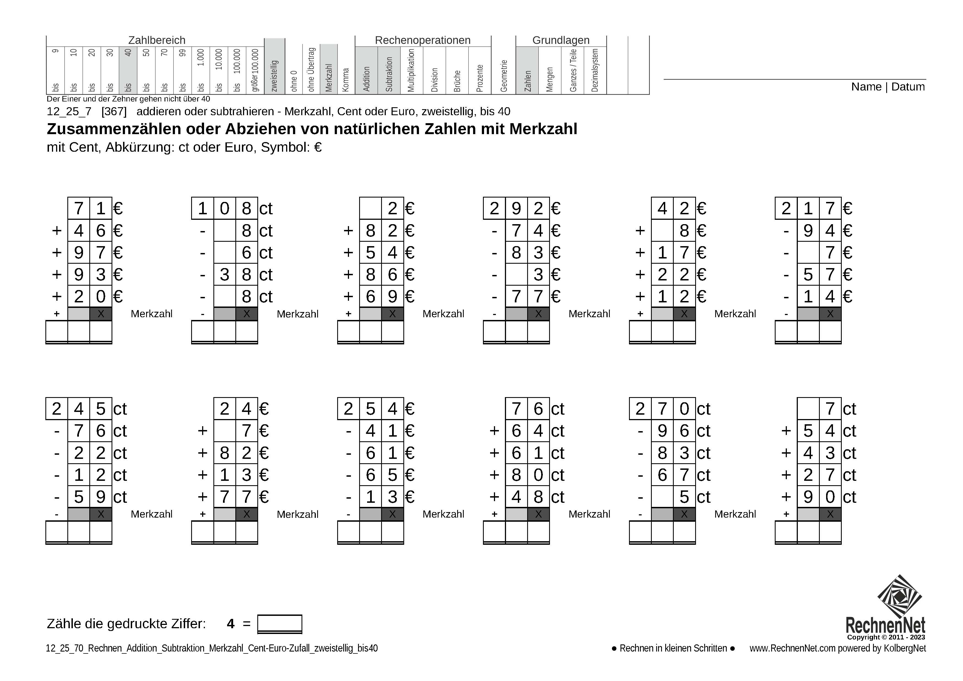 12_25_7 Rechnen Addition Subtraktion Merkzahl Cent-Euro zweistellig bis40