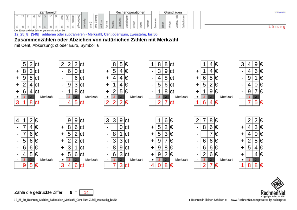 Lösung: 12_25_8 Rechnen Addition Subtraktion Merkzahl Cent-Euro zweistellig bis50