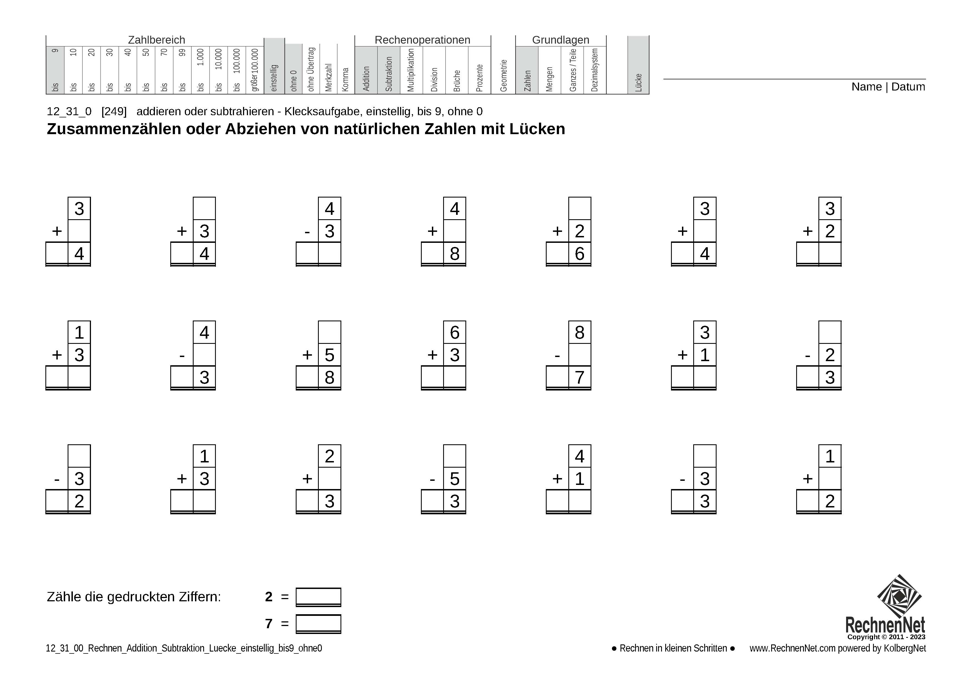 12_31_0 Rechnen Addition Subtraktion Lücke einstellig bis9 ohne0