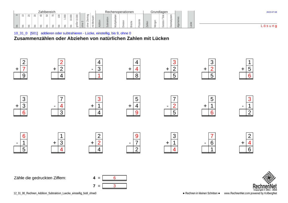 Lösung: 12_31_0 Rechnen Addition Subtraktion Lücke einstellig bis9 ohne0
