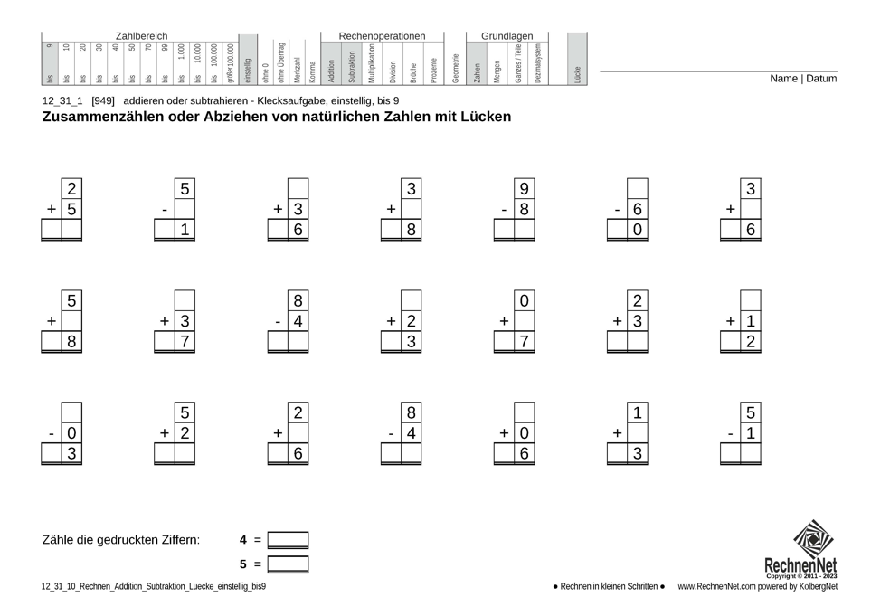 12_31_1 Rechnen Addition Subtraktion Lücke einstellig bis9