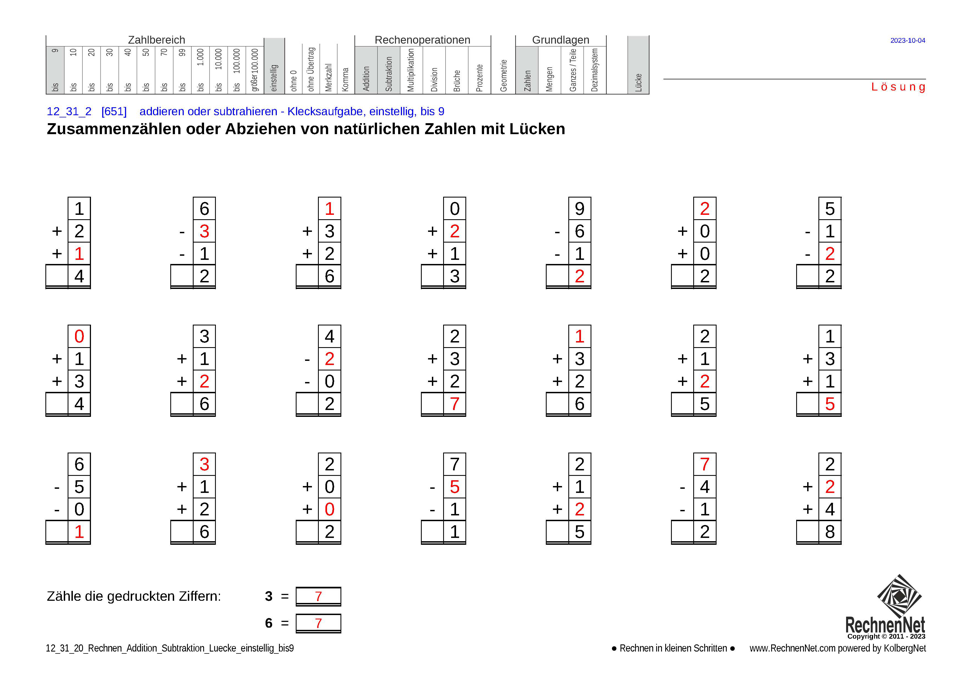 Lösung: 12_31_2 Rechnen Addition Subtraktion Lücke einstellig bis9