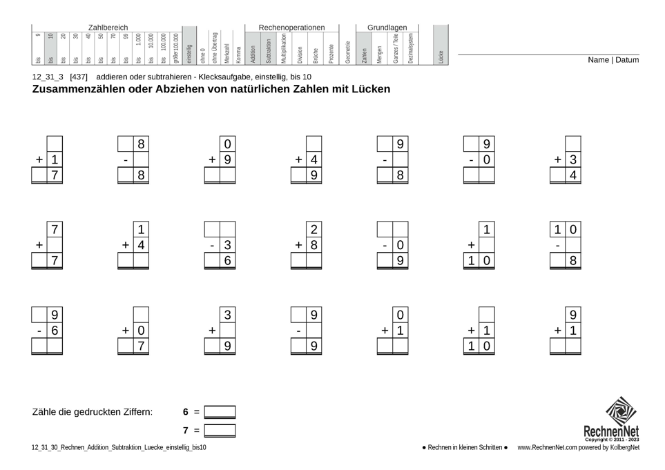 12_31_3 Rechnen Addition Subtraktion Lücke einstellig bis10