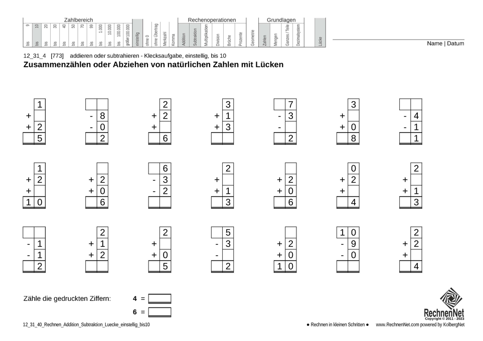12_31_4 Rechnen Addition Subtraktion Lücke einstellig bis10