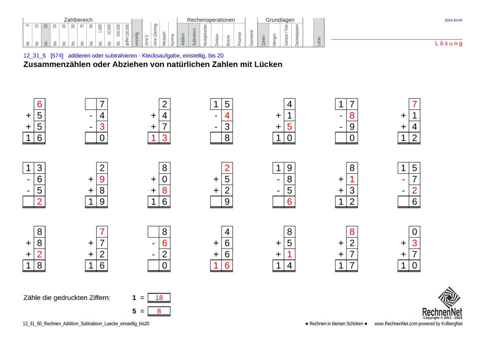 Lösung: 12_31_5 Rechnen Addition Subtraktion Lücke einstellig bis20