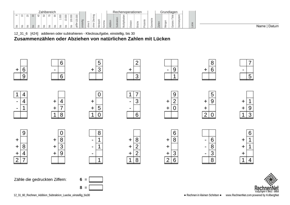 12_31_6 Rechnen Addition Subtraktion Lücke einstellig bis30