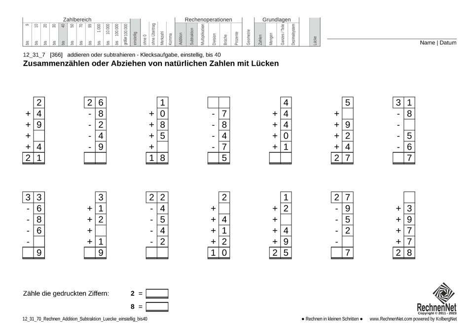 12_31_7 Rechnen Addition Subtraktion Lücke einstellig bis40
