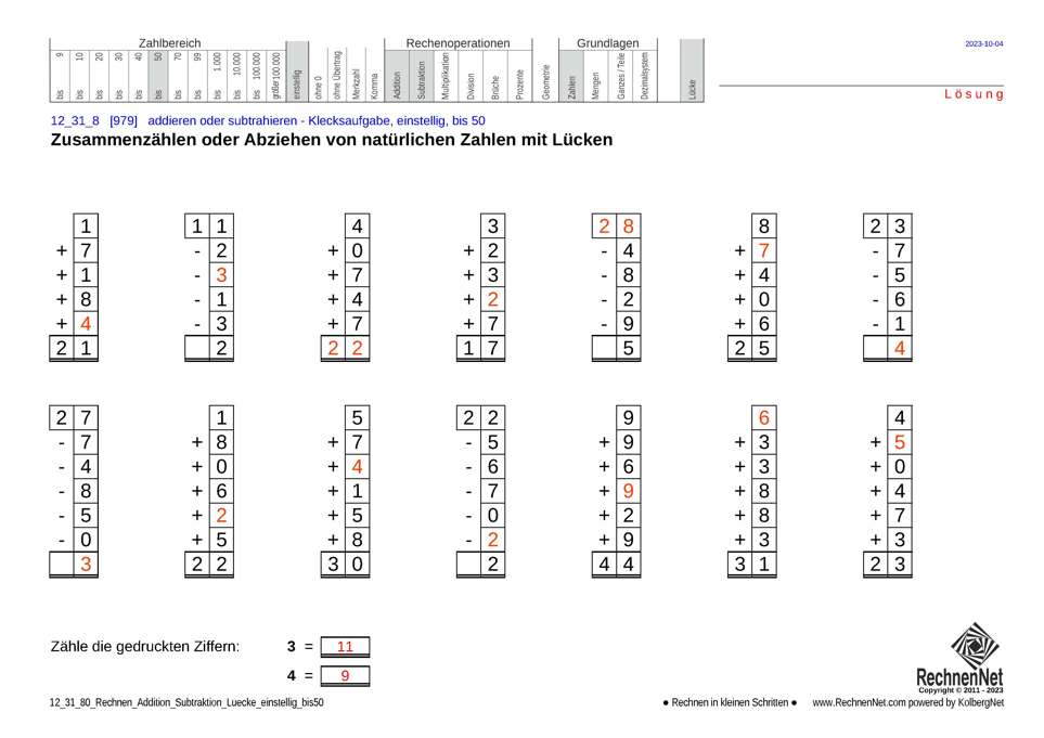 Lösung: 12_31_8 Rechnen Addition Subtraktion Lücke einstellig bis50
