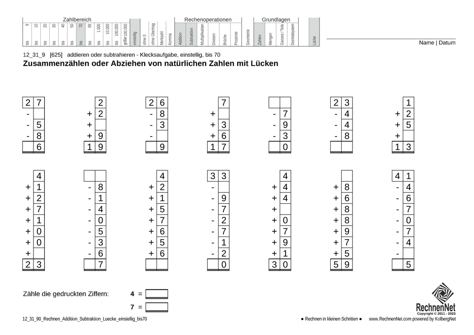 12_31_9 Rechnen Addition Subtraktion Lücke einstellig bis70