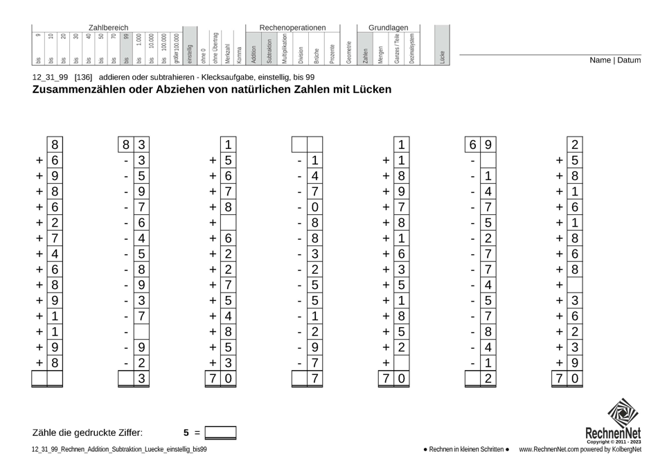 12_31_9 Rechnen Addition Subtraktion Lücke einstellig bis99